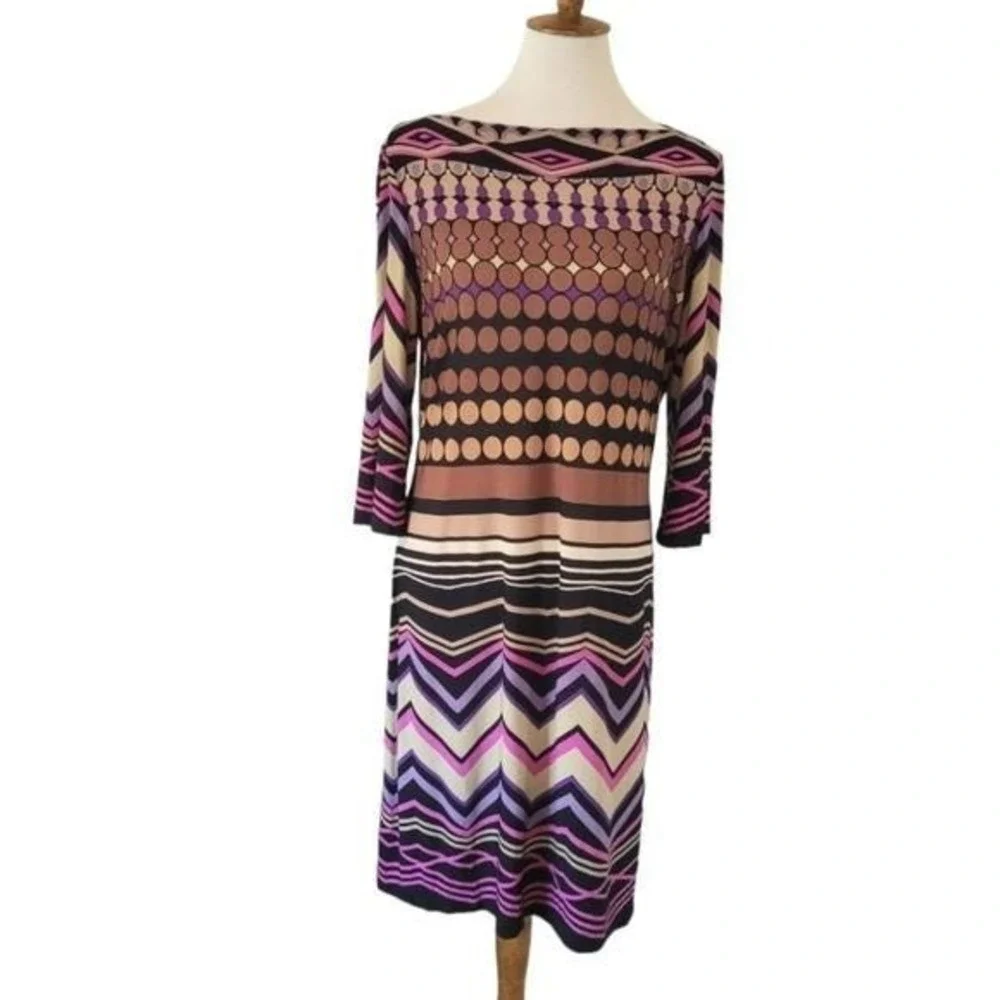Donna Morgan 90s‎ Geometric Polka Dot Boat Neck Sheath Dress Purple Tan Black